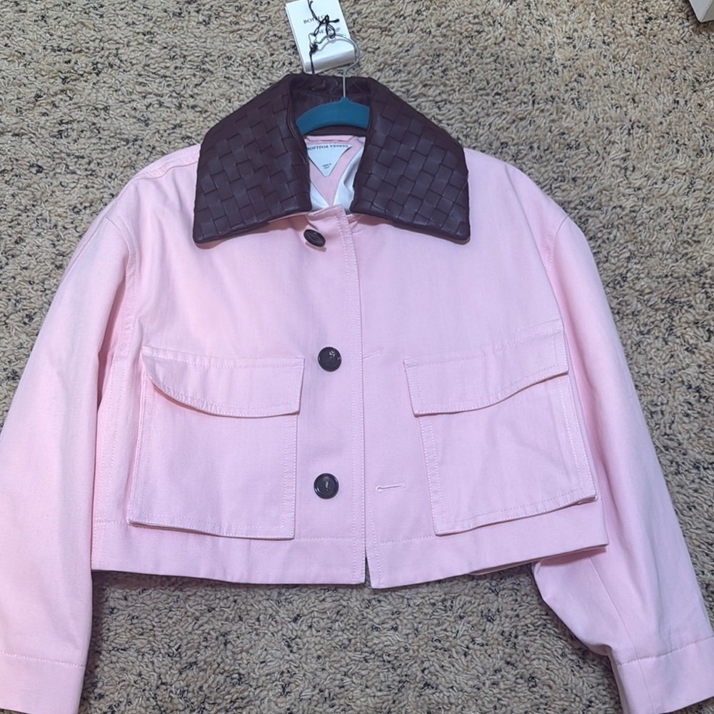 Bottega Veneta Pink Cropped Jacket with Brown leather Collar